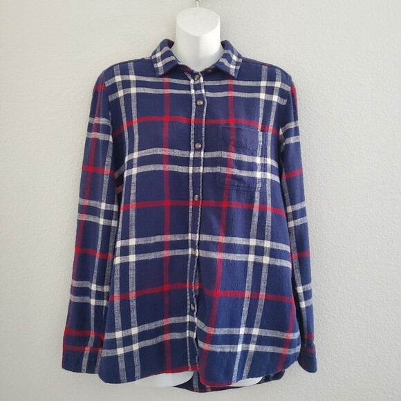 American Eagle Shirt Small Blue Plaid Flannel Boyfriend Fit Relaxed Soft Casual - Picture 1 of 10